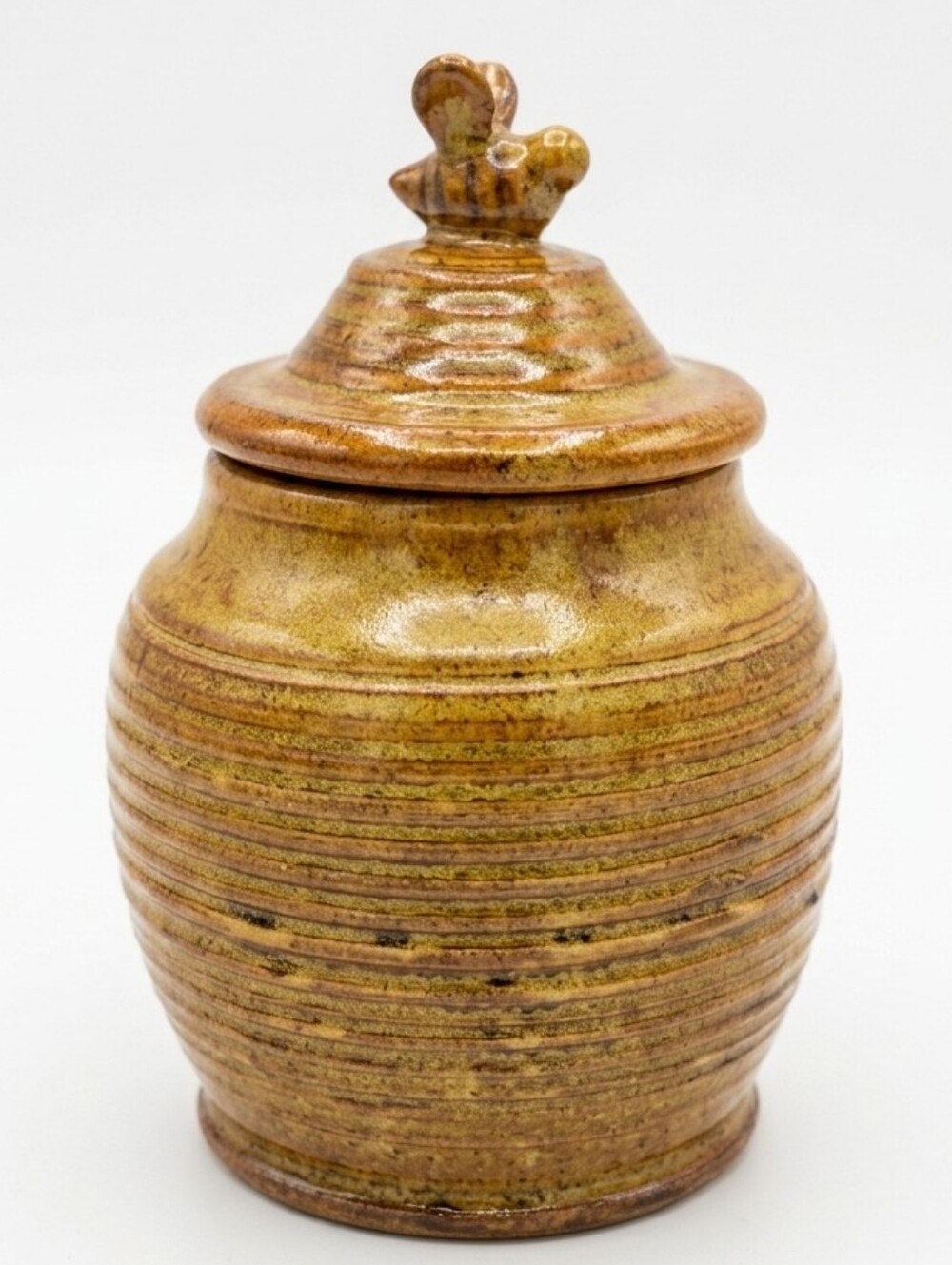 Honey Pot Jar Pottery Handmade w/ Bee on Lid CHARMING! SIGNED! WHIMSICAL COTTAGE